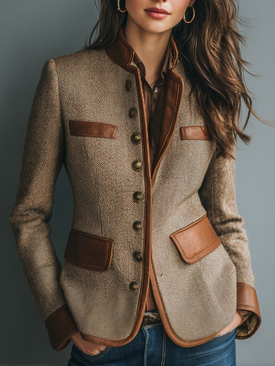 Maisie | Women's Tailored Herringbone Tweed Single-Breasted Vegan Leather-Trim Jacket - Brown