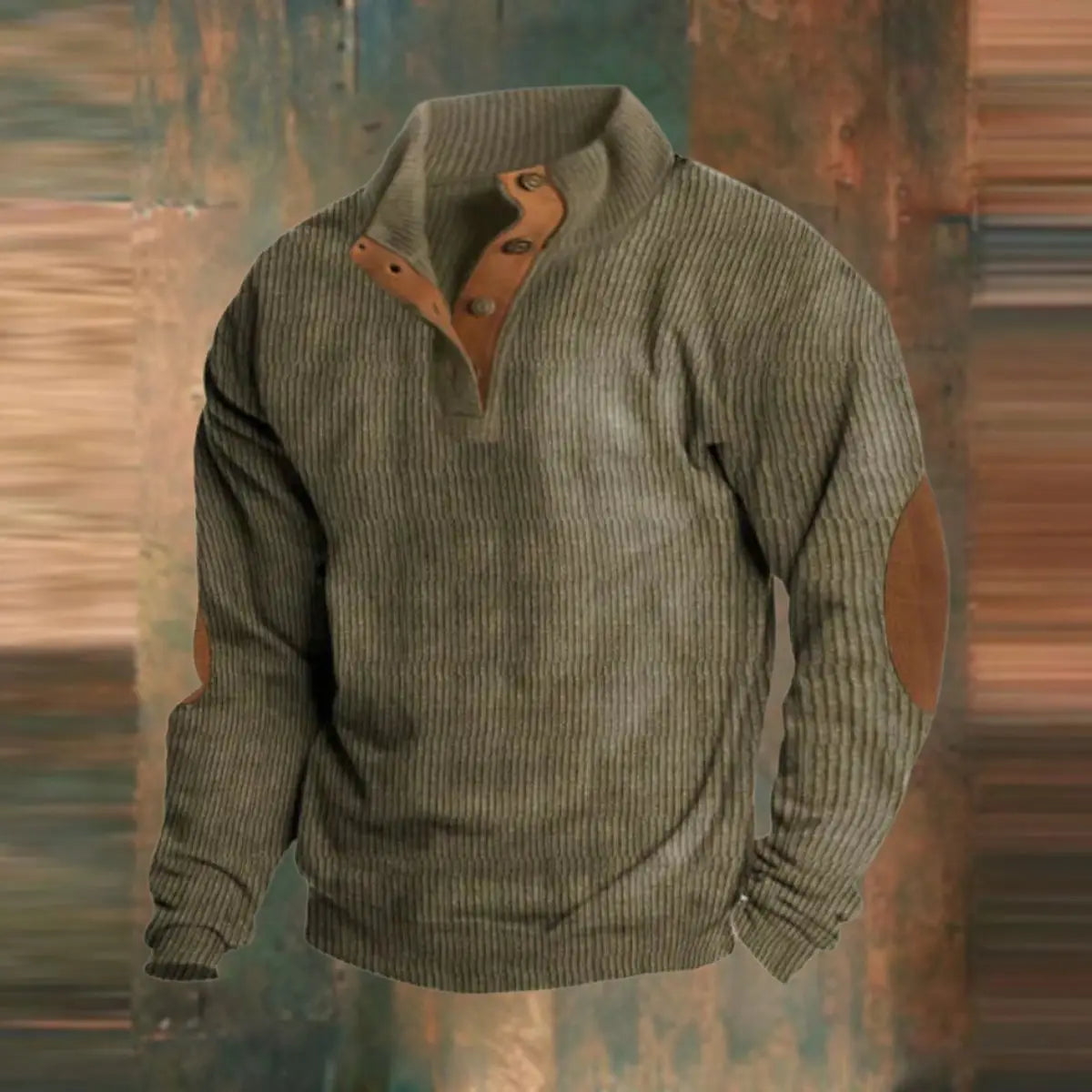 Archie | Men's Ribbed Knit Sweater Retro Quarter-Snap Pullover Elbow Patch