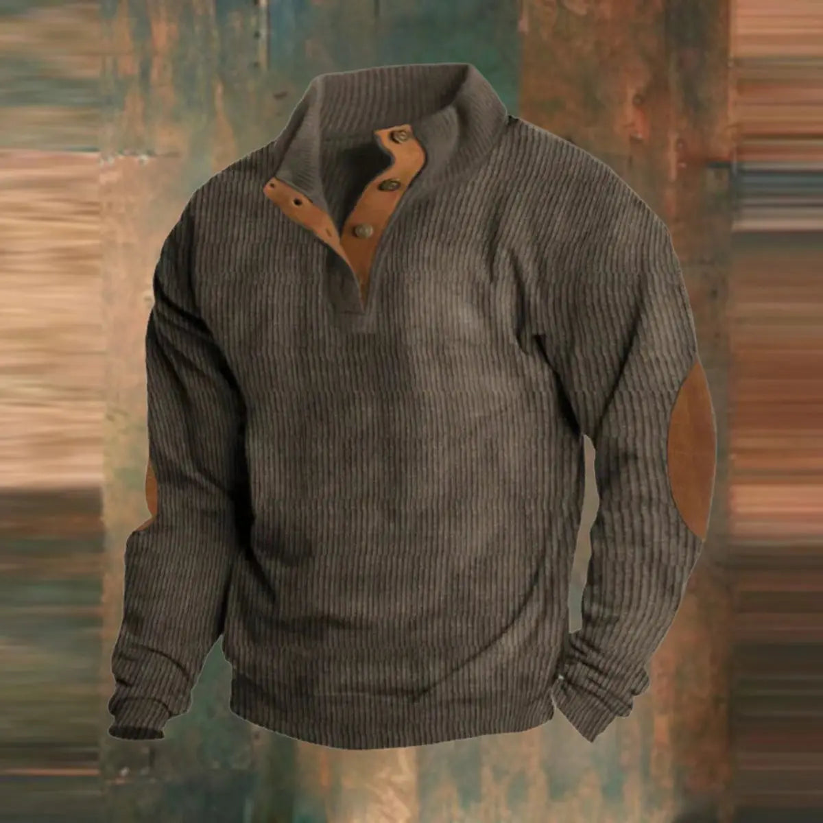 Archie | Men's Ribbed Knit Sweater Retro Quarter-Snap Pullover Elbow Patch