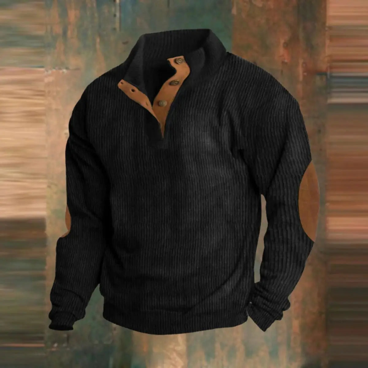 Archie | Men's Ribbed Knit Sweater Retro Quarter-Snap Pullover Elbow Patch