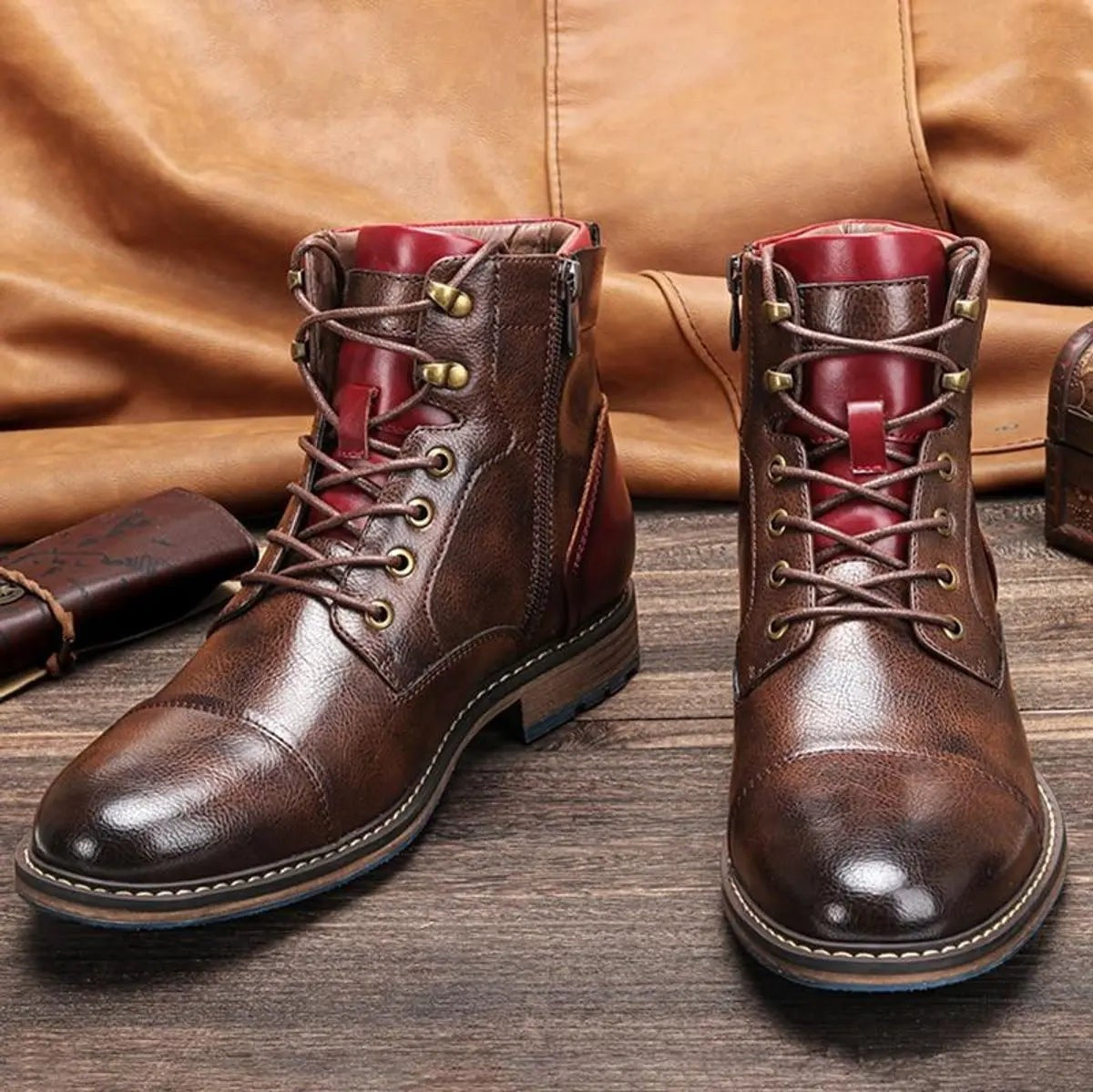 Miles | Men's Cap-Toe Vegan Leather Lace-Up Side-Zip Ankle Boots - Standard