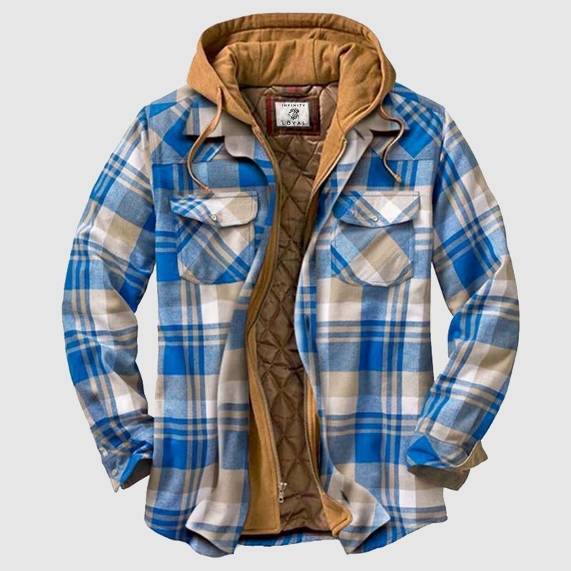 Miles | Men's Checked Hooded Quilted Shirt Jacket with Chest Pockets - Blue