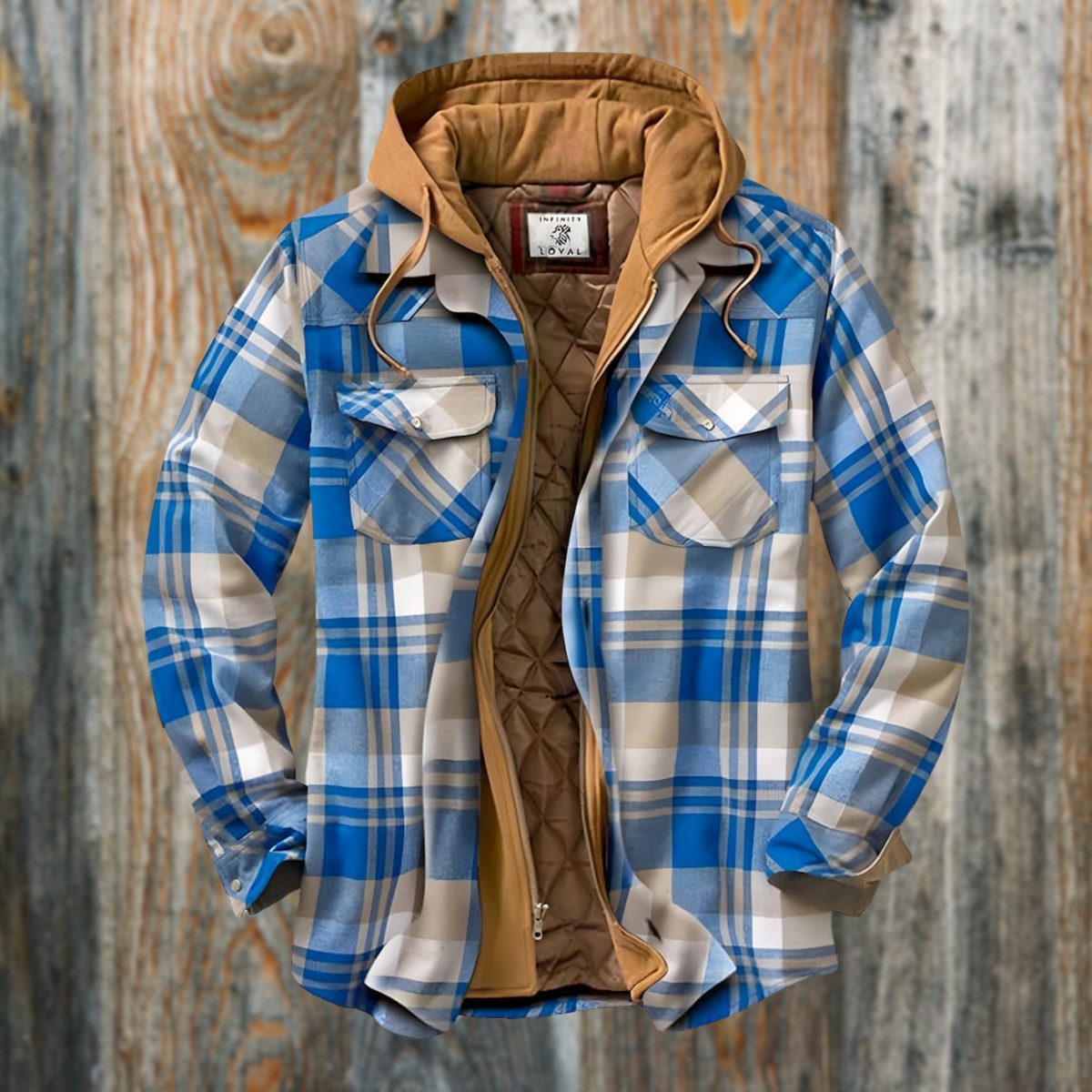 Miles | Men's Checked Hooded Quilted Shirt Jacket with Chest Pockets - Blue