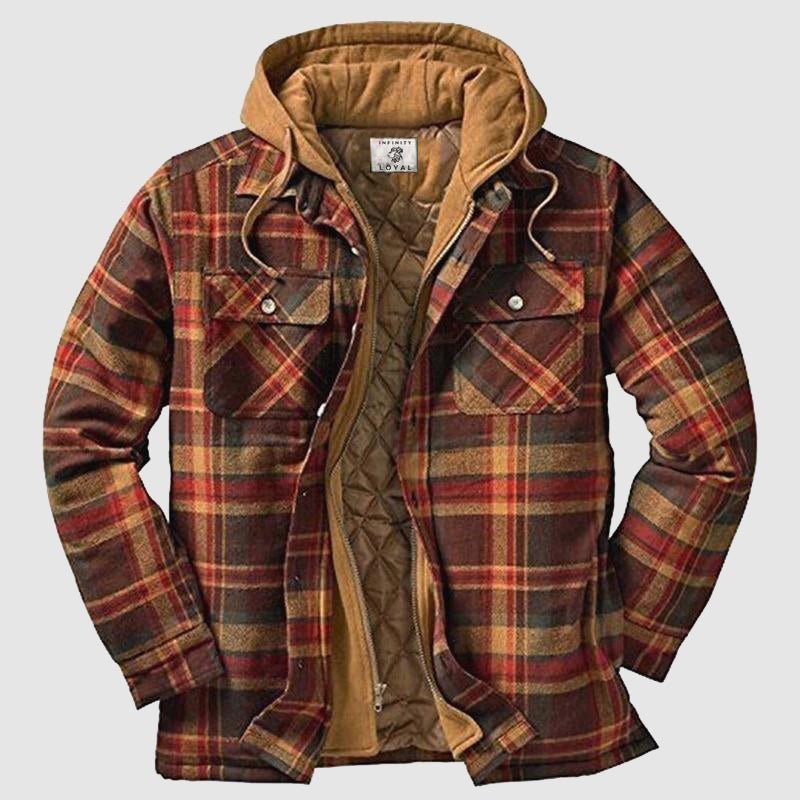 Miles | Men's Checked Hooded Quilted Shirt Jacket with Chest Pockets - Brown