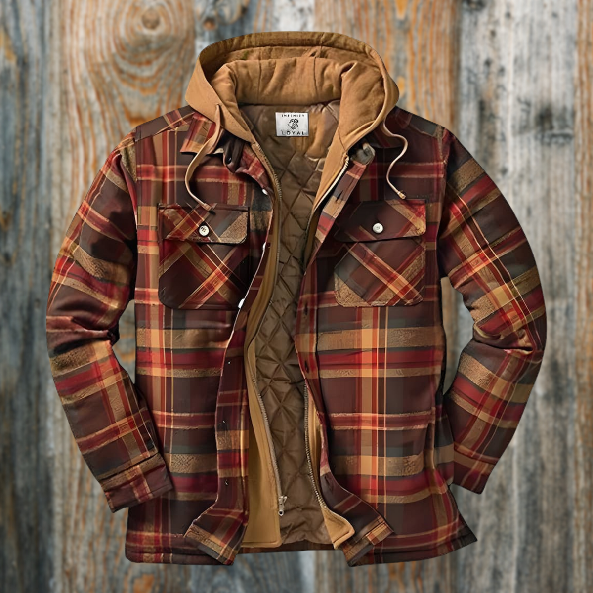 Miles | Men's Checked Hooded Quilted Shirt Jacket with Chest Pockets - Brown