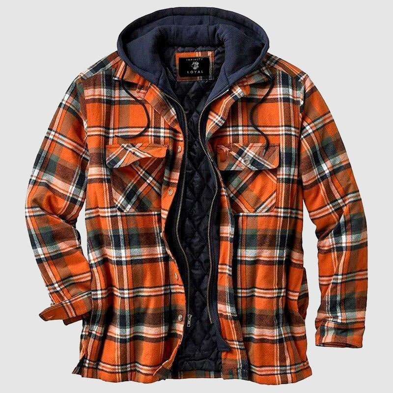 Miles | Men's Checked Hooded Quilted Shirt Jacket with Chest Pockets - Orange
