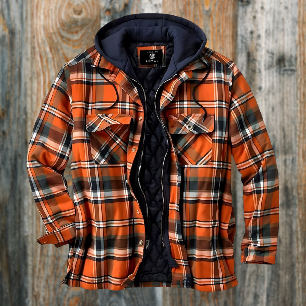 Miles | Men's Checked Hooded Quilted Shirt Jacket with Chest Pockets - Orange