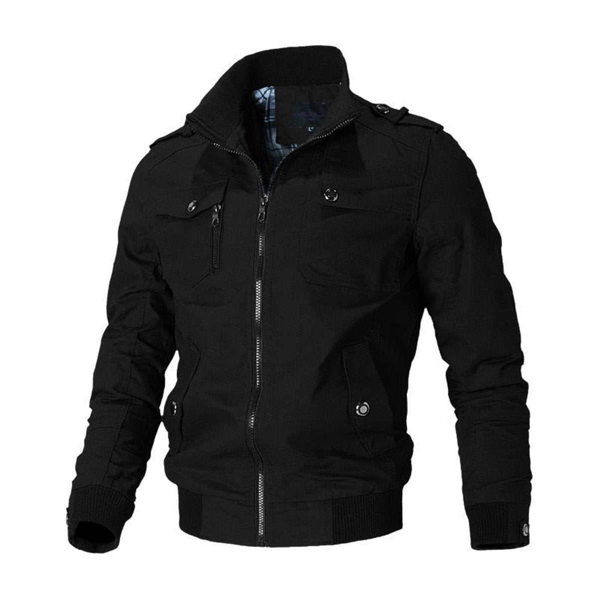 Miles | Men's Military-Inspired Epaulet Full-Zip Bomber Jacket with Ribbed Cuffs - Black