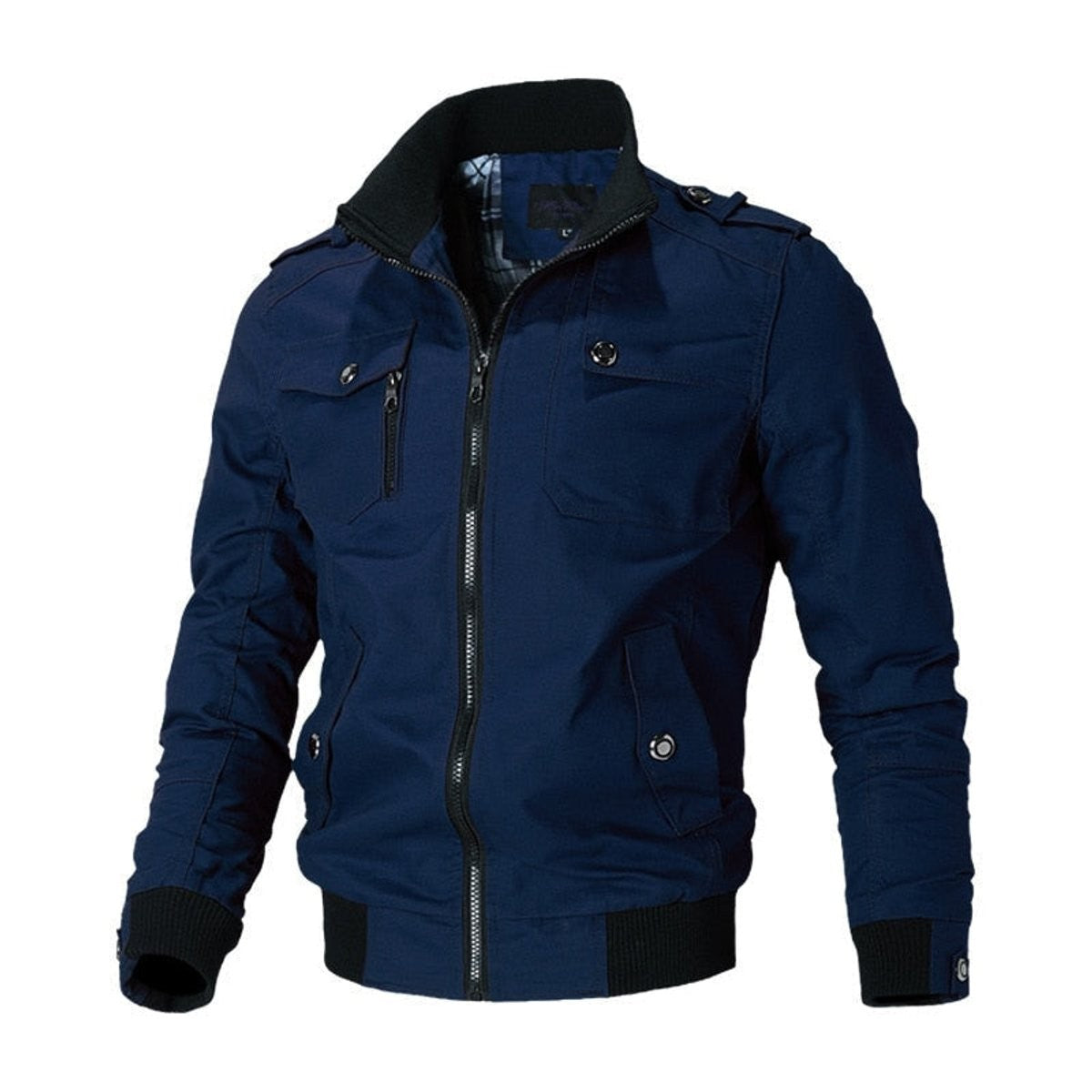 Miles | Men's Military-Inspired Epaulet Full-Zip Bomber Jacket with Ribbed Cuffs - Blue