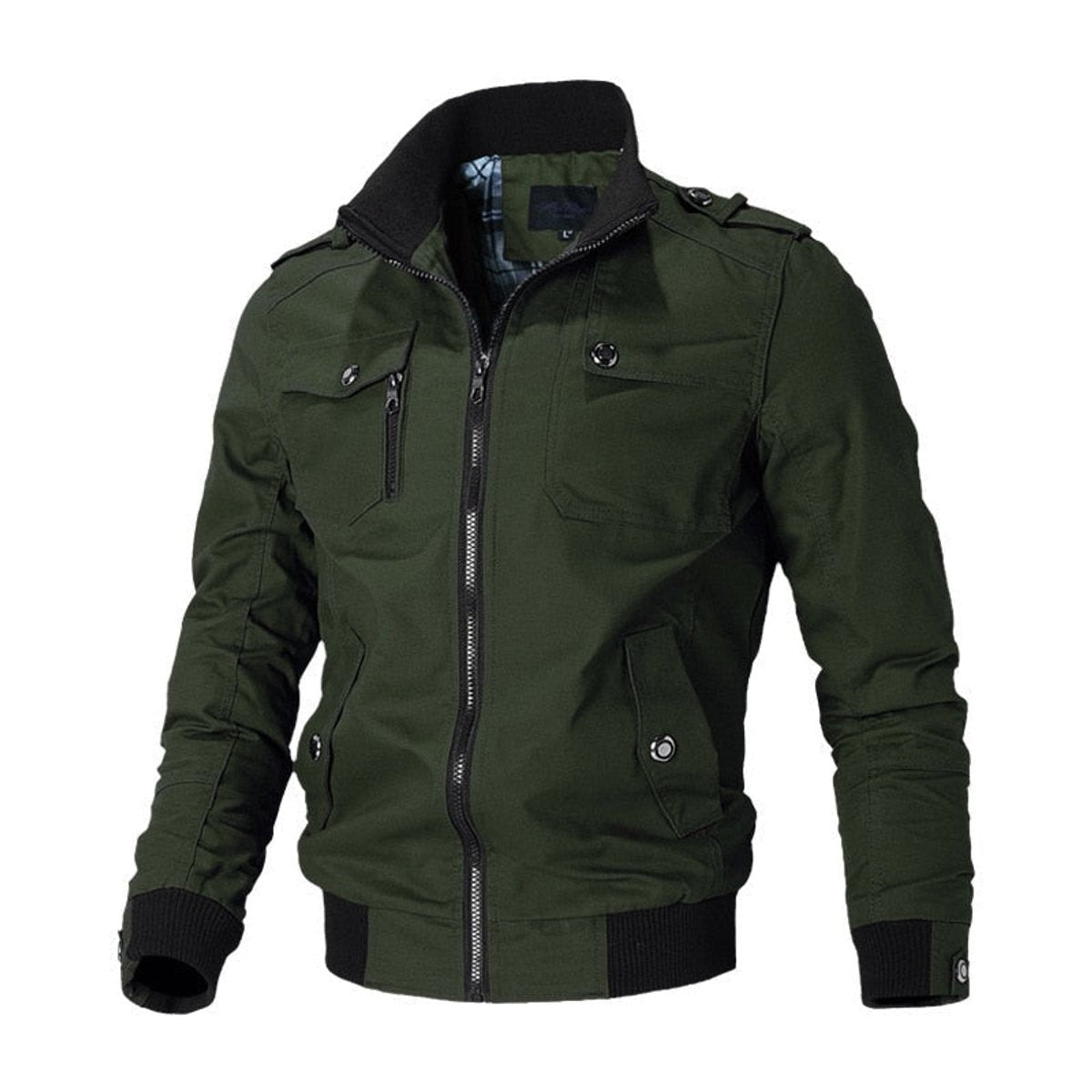 Miles | Men's Military-Inspired Epaulet Full-Zip Bomber Jacket with Ribbed Cuffs - Green