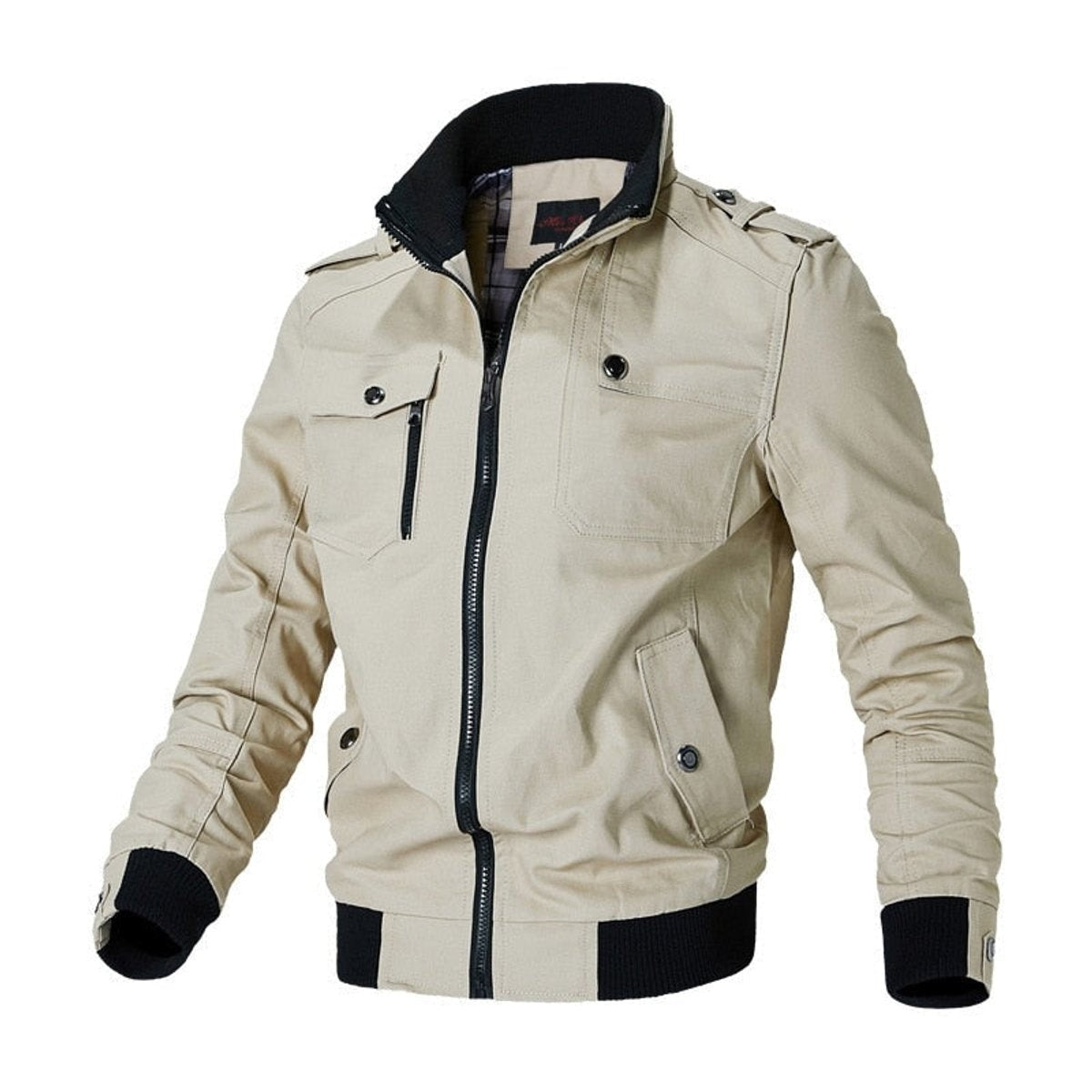 Miles | Men's Military-Inspired Epaulet Full-Zip Bomber Jacket with Ribbed Cuffs - Khaki