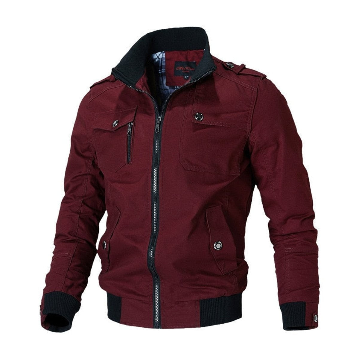 Miles | Men's Military-Inspired Epaulet Full-Zip Bomber Jacket with Ribbed Cuffs - Red