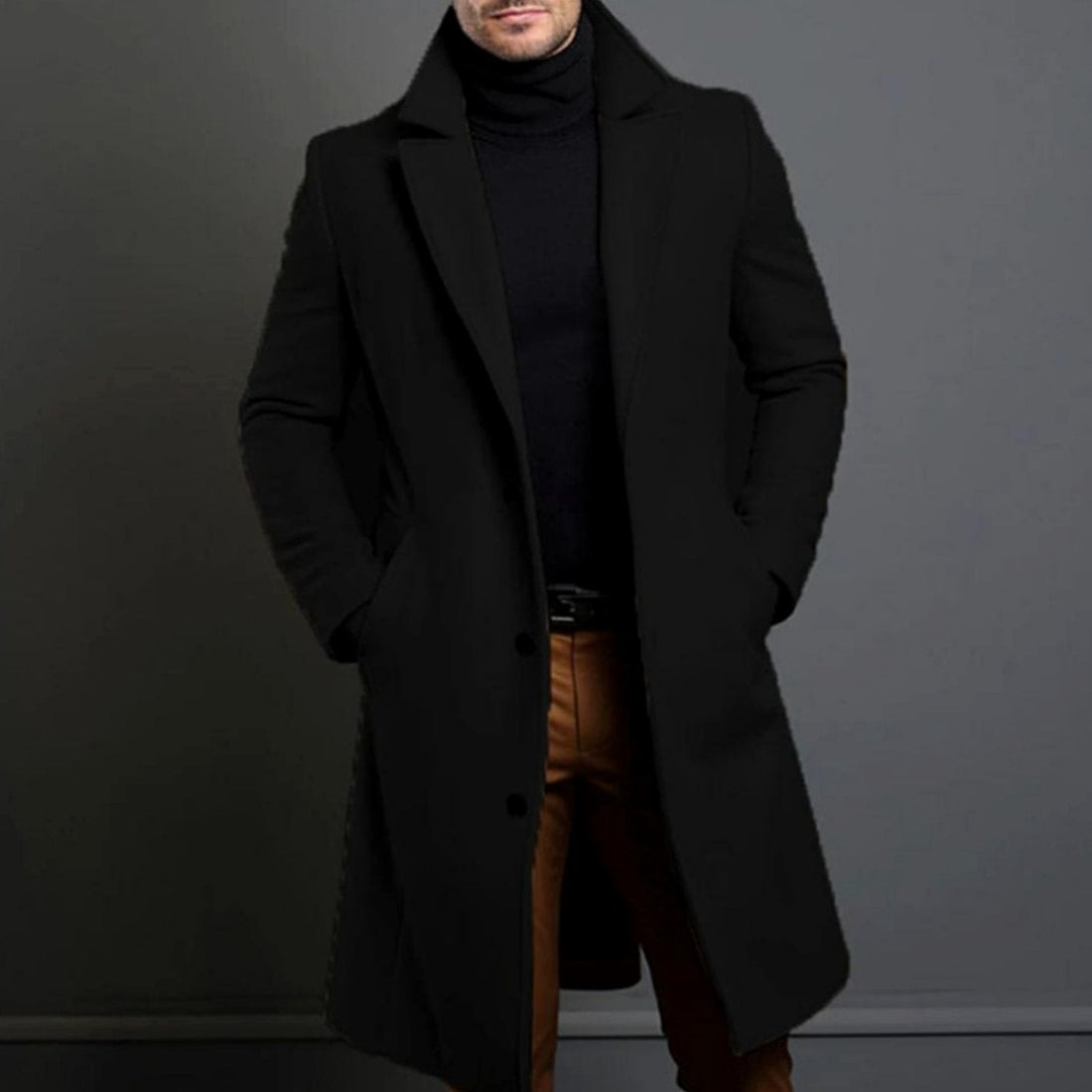 Miles | Men's Single-Breasted Notch Lapel Long Overcoat - Black