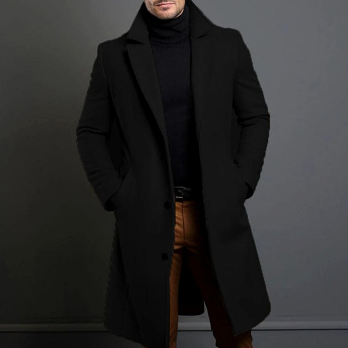 Miles | Men's Single-Breasted Notch Lapel Long Overcoat - Black