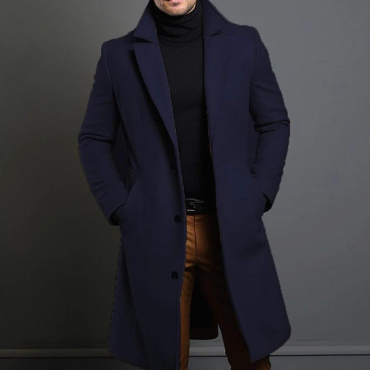 Miles | Men's Single-Breasted Notch Lapel Long Overcoat - Blue