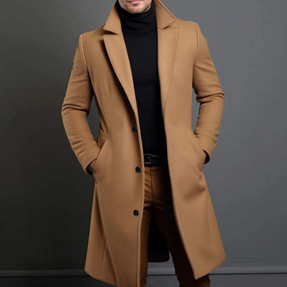 Miles | Men's Single-Breasted Notch Lapel Long Overcoat - Brown