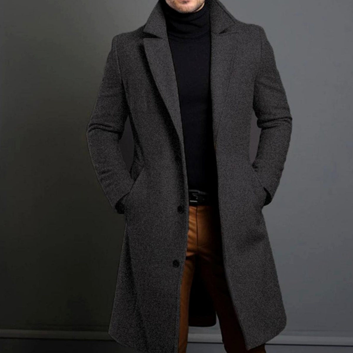 Miles | Men's Single-Breasted Notch Lapel Long Overcoat - Grey