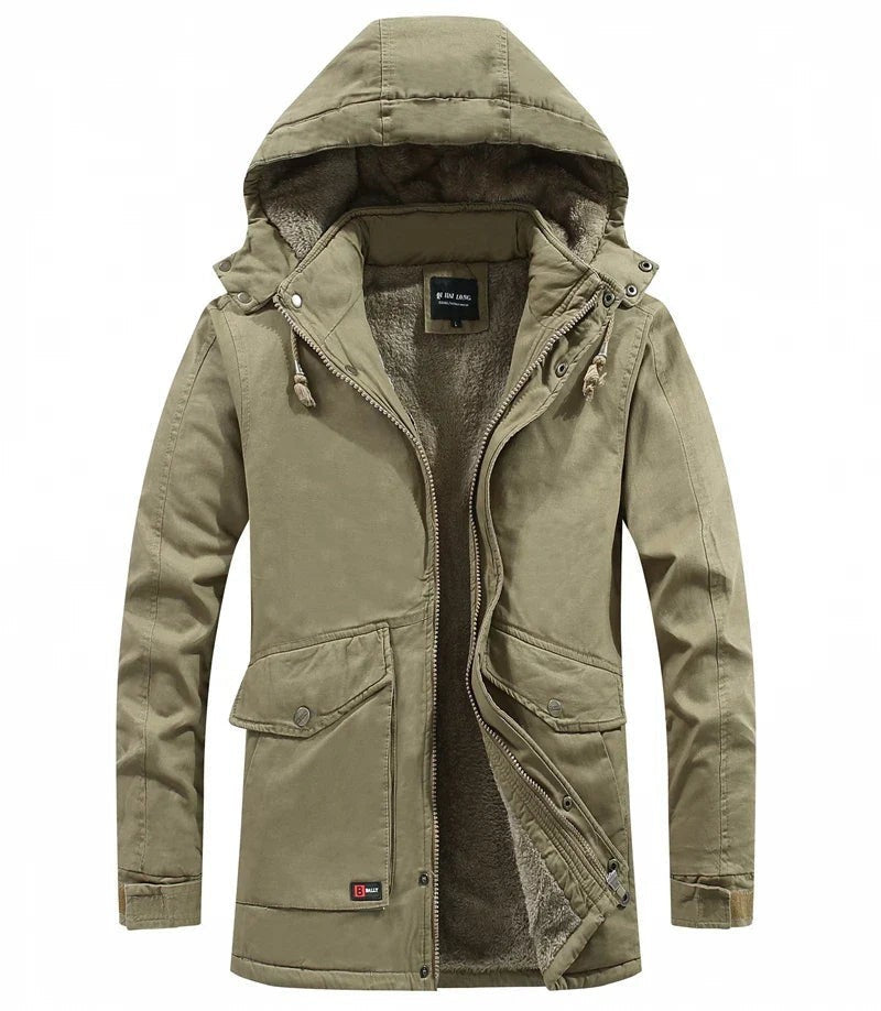 Millie | Men's Hooded Parka Fleece-Lined Cargo Pocket Winter Coat - Khaki-1
