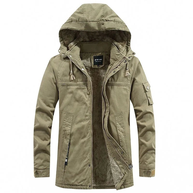 Millie | Men's Hooded Parka Fleece-Lined Cargo Pocket Winter Coat - Khaki