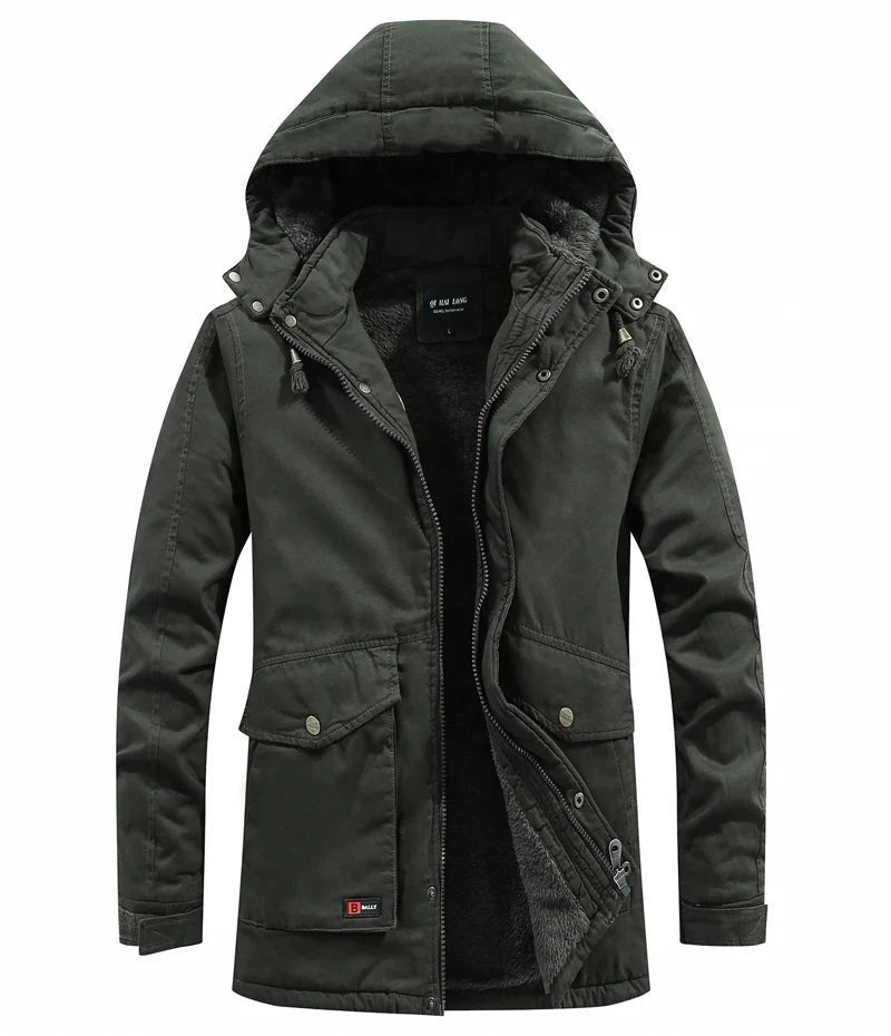 Millie | Men's Hooded Parka Fleece-Lined Cargo Pocket Winter Coat - Militär-1