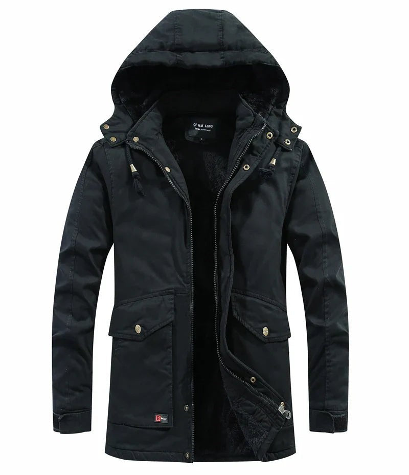 Millie | Men's Hooded Parka Fleece-Lined Cargo Pocket Winter Coat - Schwarz-1
