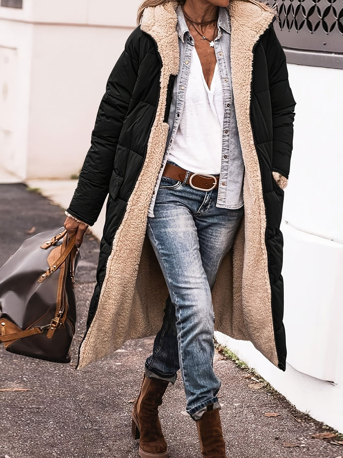 Millie | Women's Long Quilted Puffer Coat with Teddy Lining Hood and Full-Zip - Black