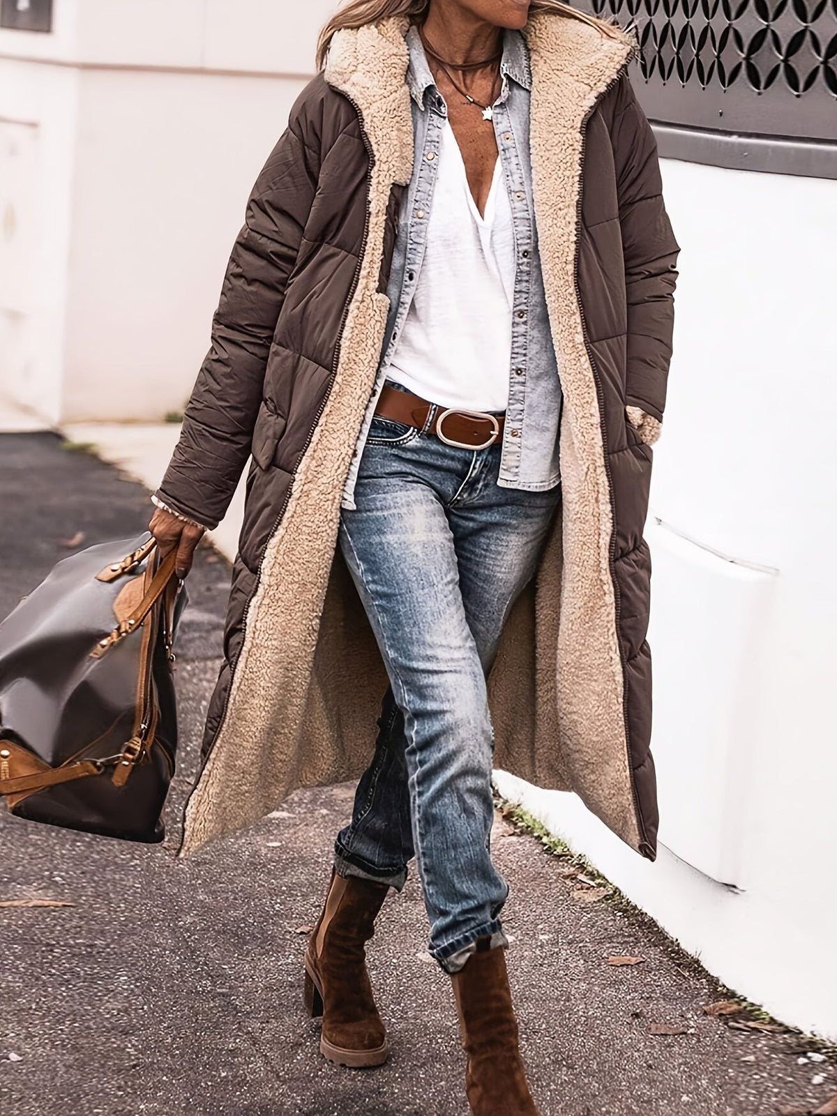 Millie | Women's Long Quilted Puffer Coat with Teddy Lining Hood and Full-Zip - Brown