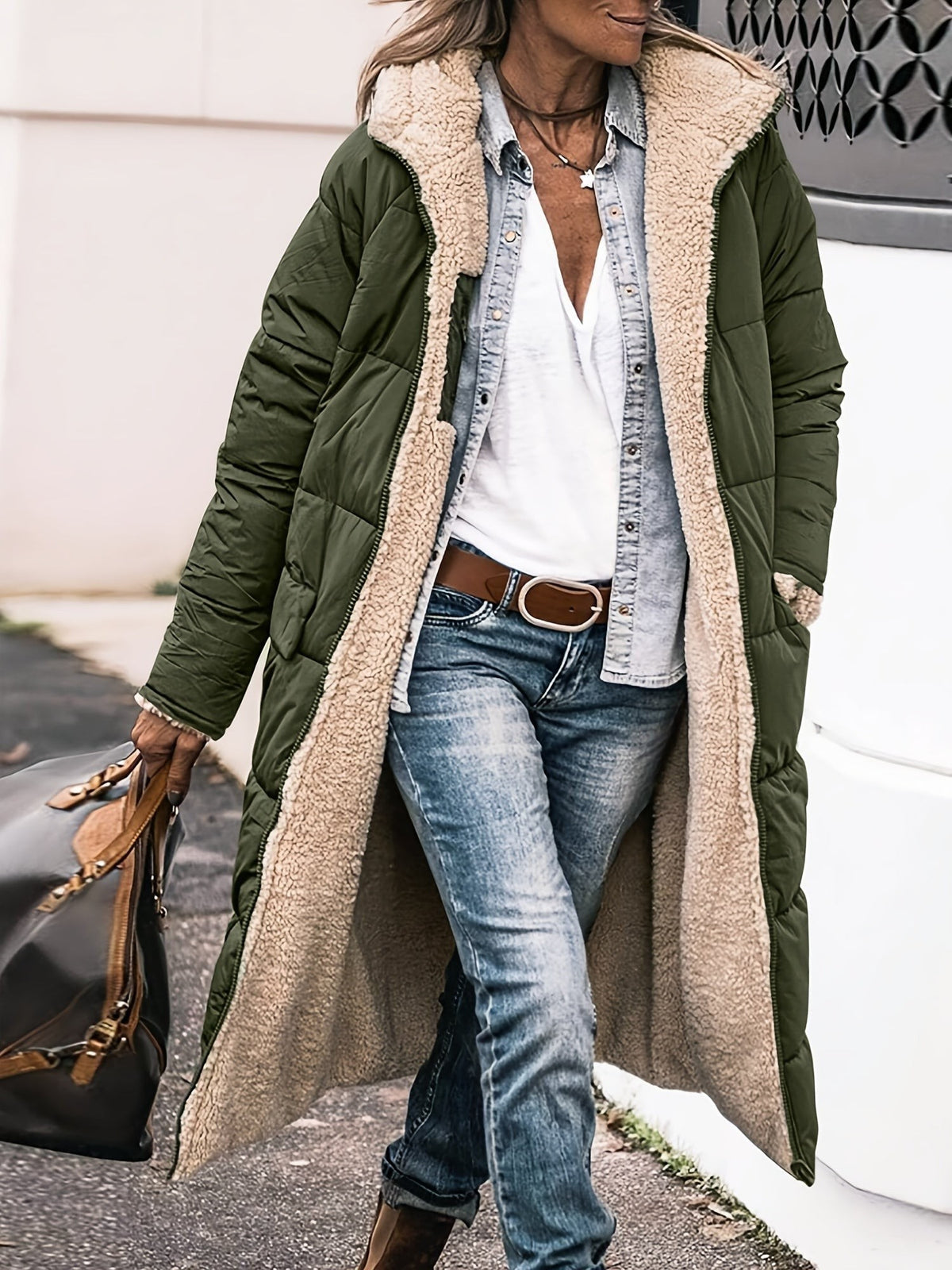 Millie | Women's Long Quilted Puffer Coat with Teddy Lining Hood and Full-Zip - Green