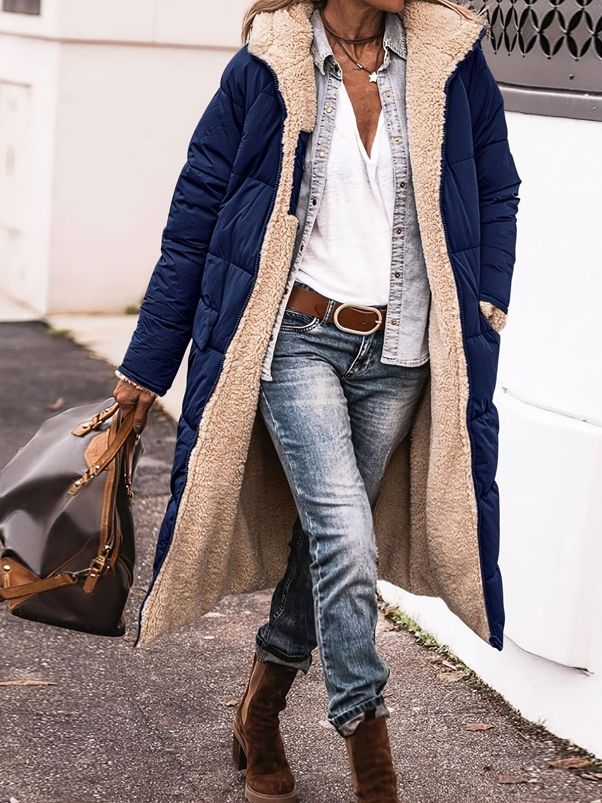 Millie | Women's Long Quilted Puffer Coat with Teddy Lining Hood and Full-Zip - Navy