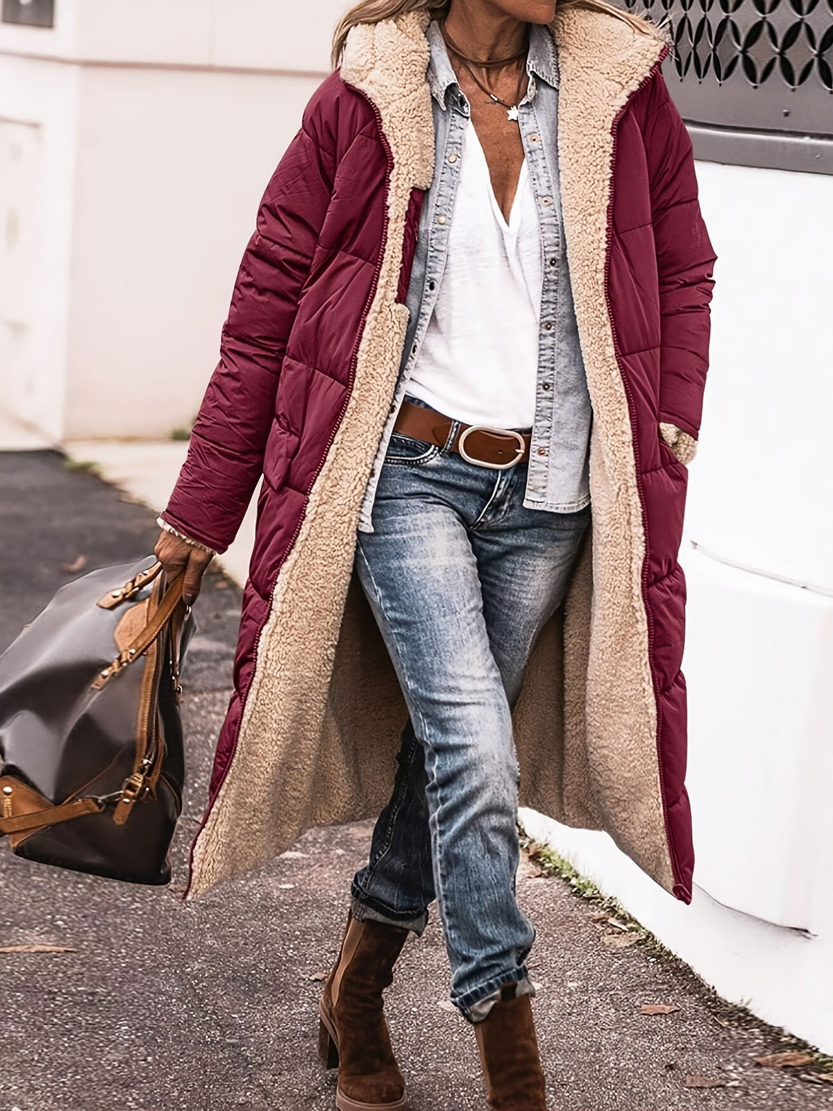 Millie | Women's Long Quilted Puffer Coat with Teddy Lining Hood and Full-Zip - Red