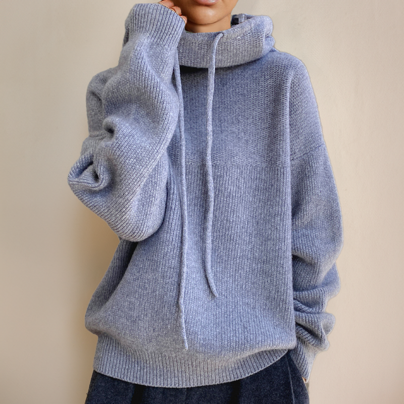 Millie | Women's Oversized Hoodie Drawstring Ribbed-Knit Pullover - Blue