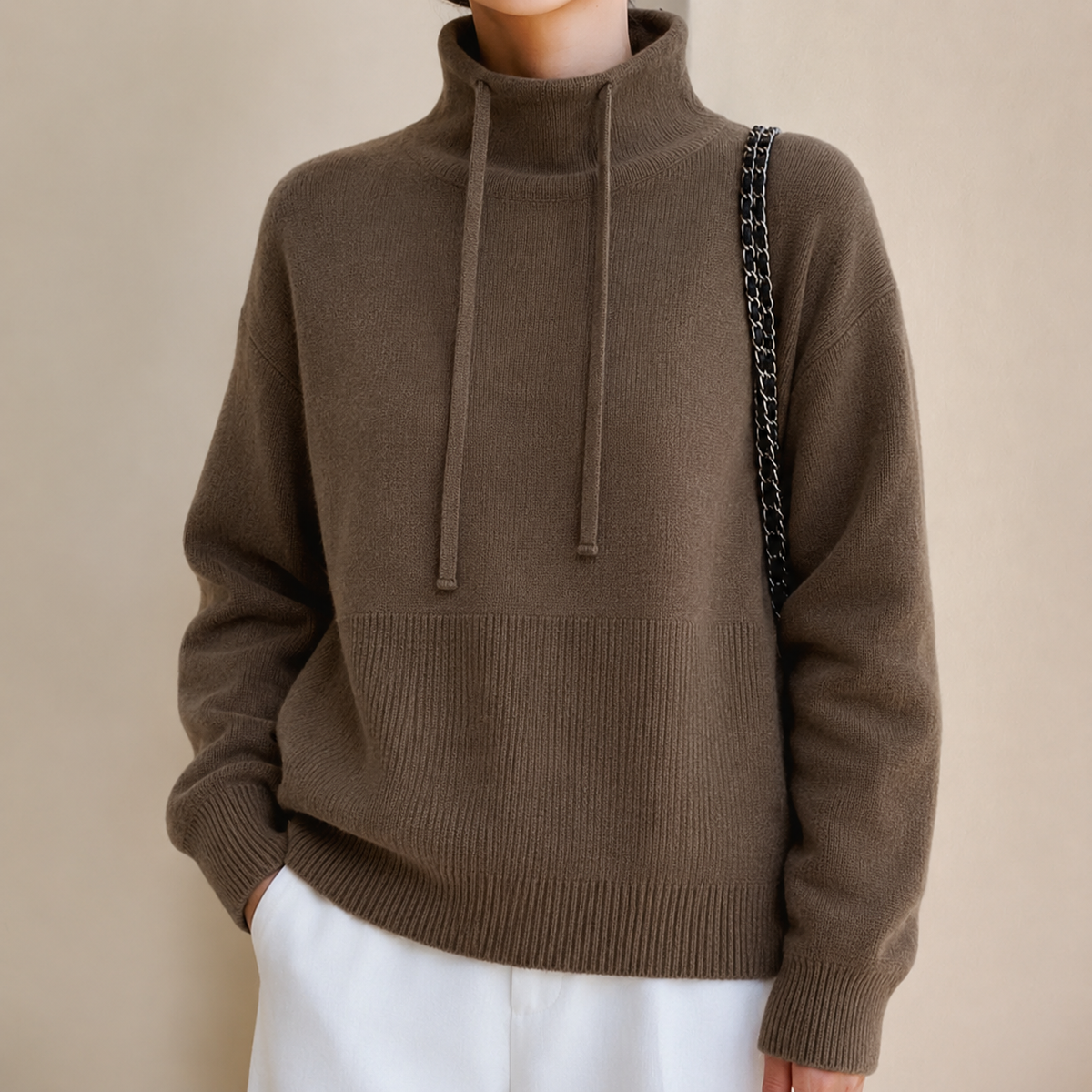 Millie | Women's Oversized Hoodie Drawstring Ribbed-Knit Pullover - Brown