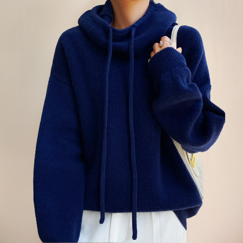 Millie | Women's Oversized Hoodie Drawstring Ribbed-Knit Pullover - Dark Blue