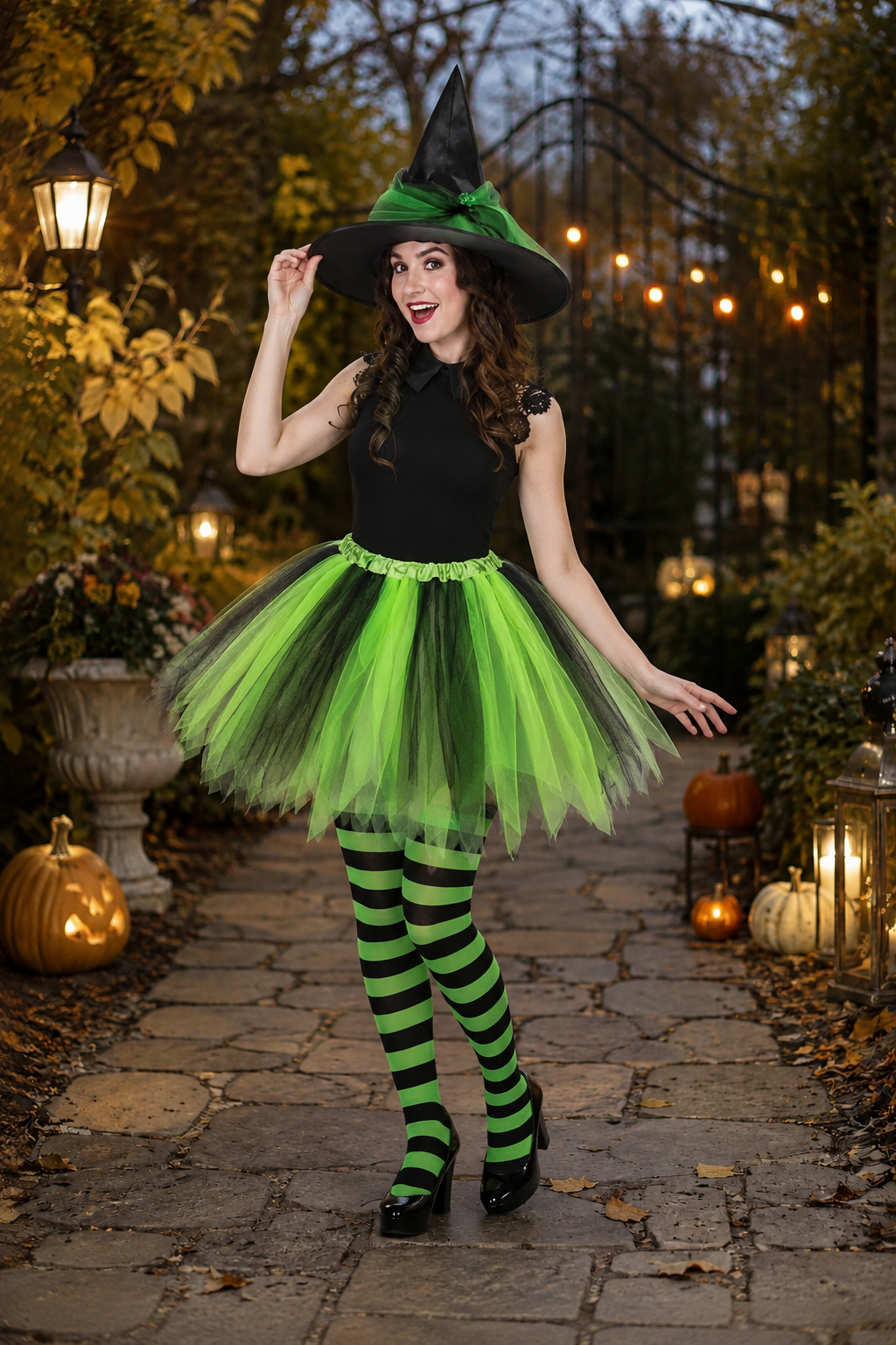 Millie | Women's Pointed-Hat Layered-Tulle Striped-Tights Witch Costume - Green