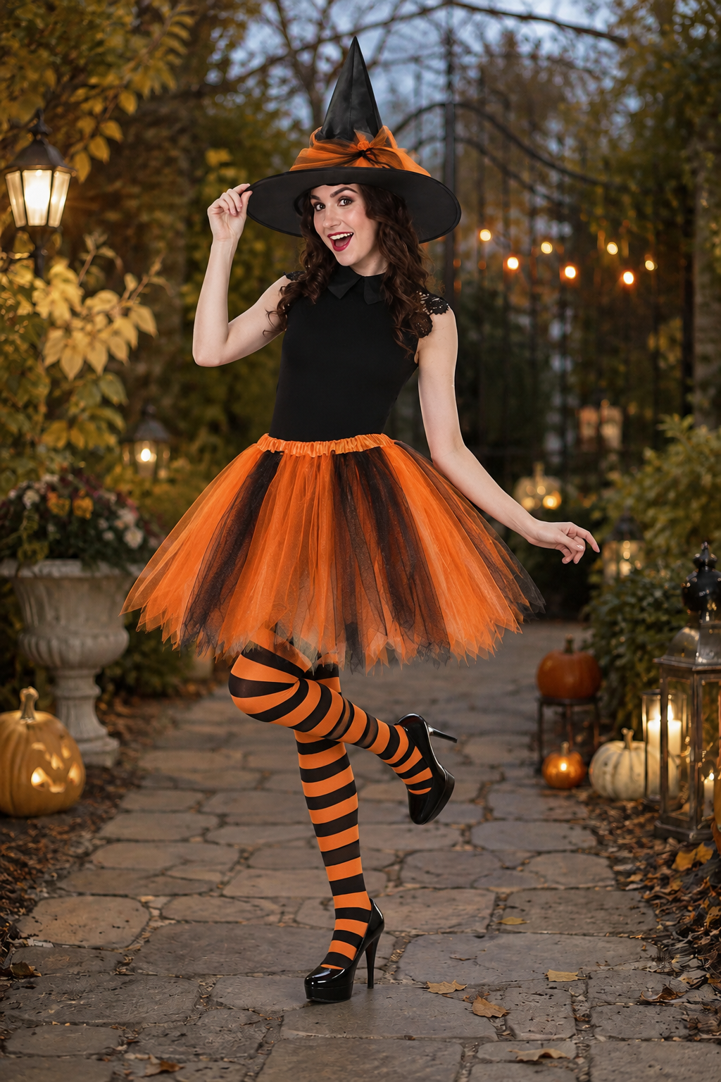 Millie | Women's Pointed-Hat Layered-Tulle Striped-Tights Witch Costume - Orange
