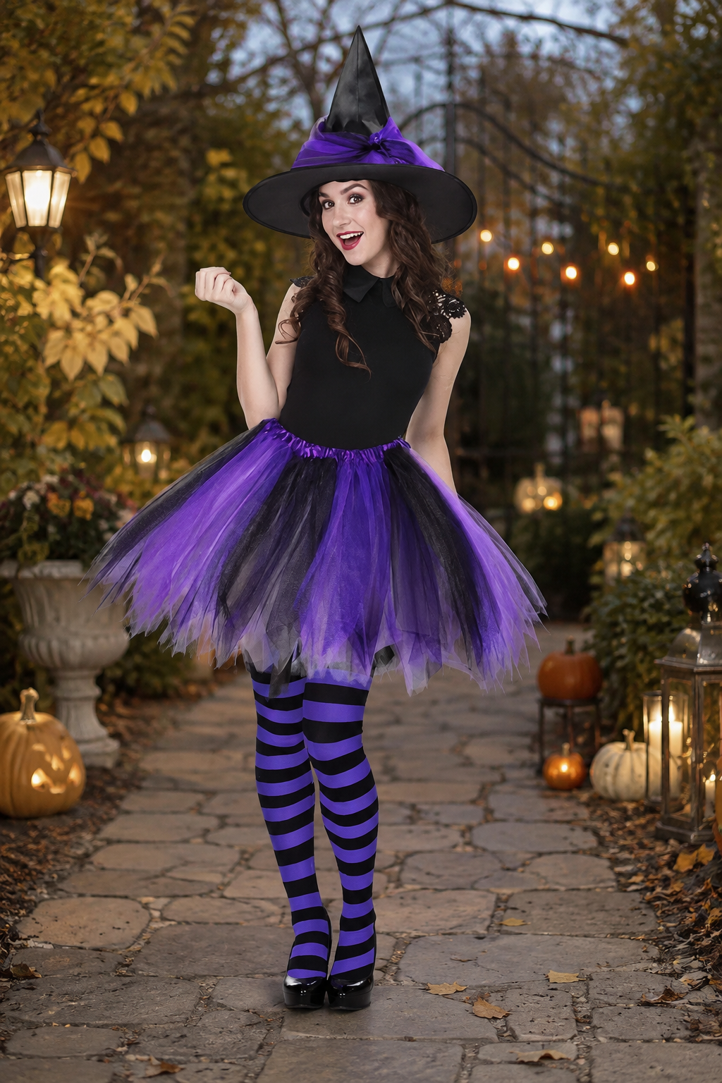 Millie | Women's Pointed-Hat Layered-Tulle Striped-Tights Witch Costume - Purple