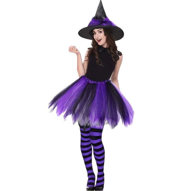 Millie | Women's Pointed-Hat Layered-Tulle Striped-Tights Witch Costume - Purple