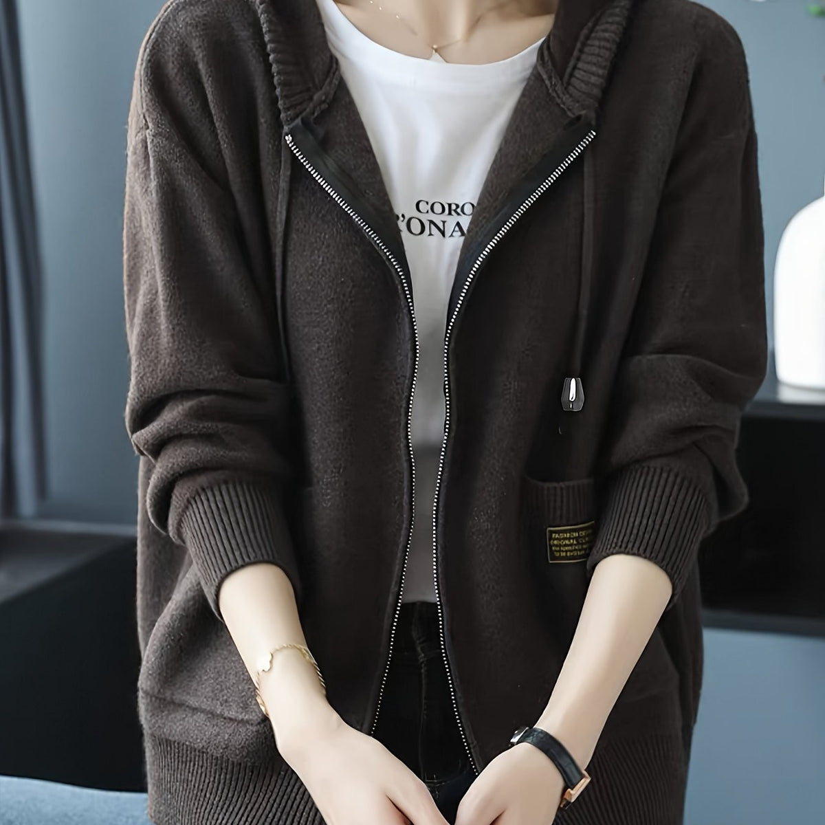 Millie | Women's Relaxed-Fit Hooded Full-Zip Cardigan with Front Pockets - Coffee
