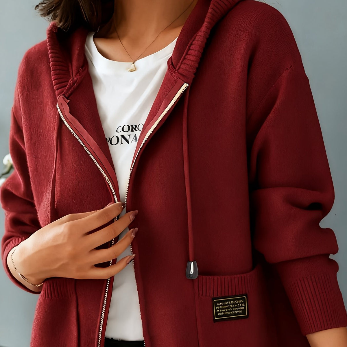 Millie | Women's Relaxed-Fit Hooded Full-Zip Cardigan with Front Pockets - Red Orange
