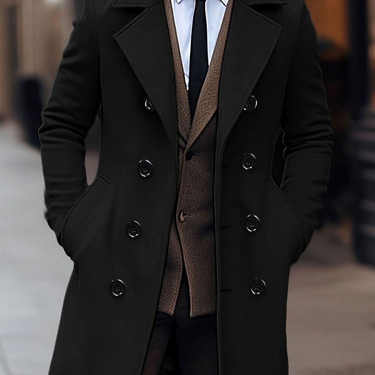 Noah | Men's Double-Breasted Notch-Lapel Tailored Wool Overcoat - Black