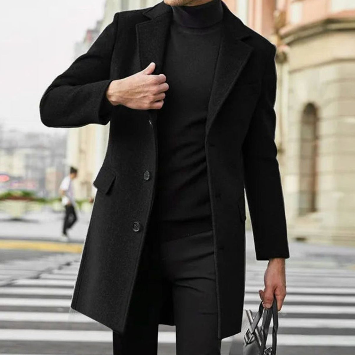 Noah | Men's Notched Lapel Single-Breasted Tailored Winter Coat - Black