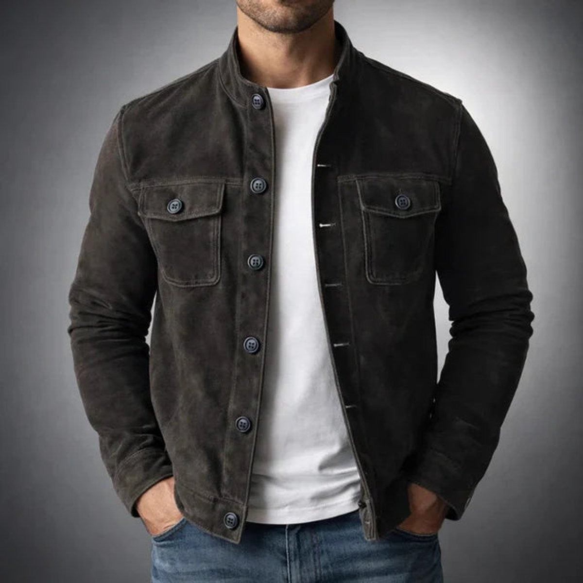 Noah | Men's Tailored Stand-Collar Button-Front Suede Jacket - Black