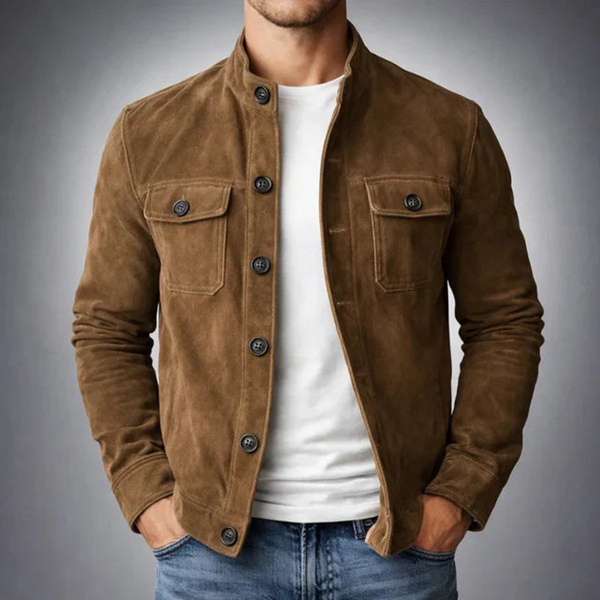 Noah | Men's Tailored Stand-Collar Button-Front Suede Jacket - Brown