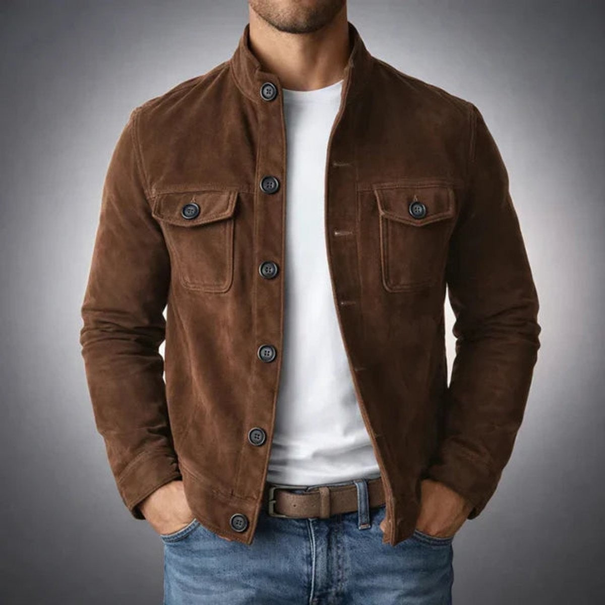 Noah | Men's Tailored Stand-Collar Button-Front Suede Jacket - Dark Brown