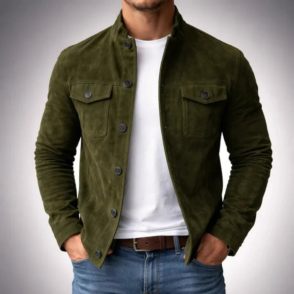 Noah | Men's Tailored Stand-Collar Button-Front Suede Jacket - Green