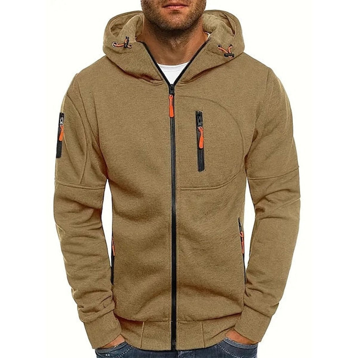 Oliver | Men's Relaxed-Fit Hooded Zip-Up Fleece Jumper with Multi-Zip Pockets - Khaki