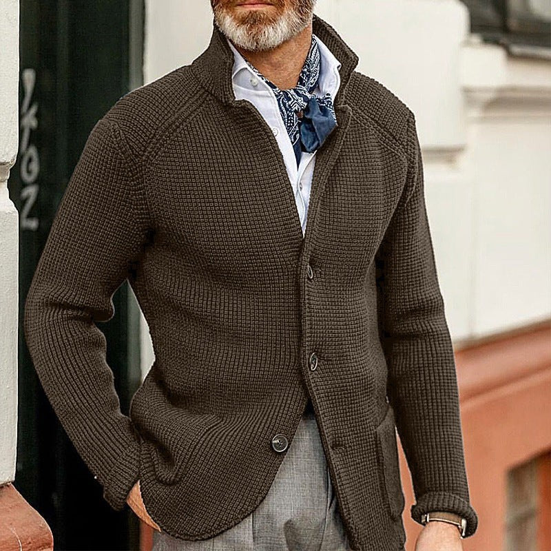 Oliver | Men's Waffle-Knit Stand-Collar Button-Front Cardigan - Kaffee