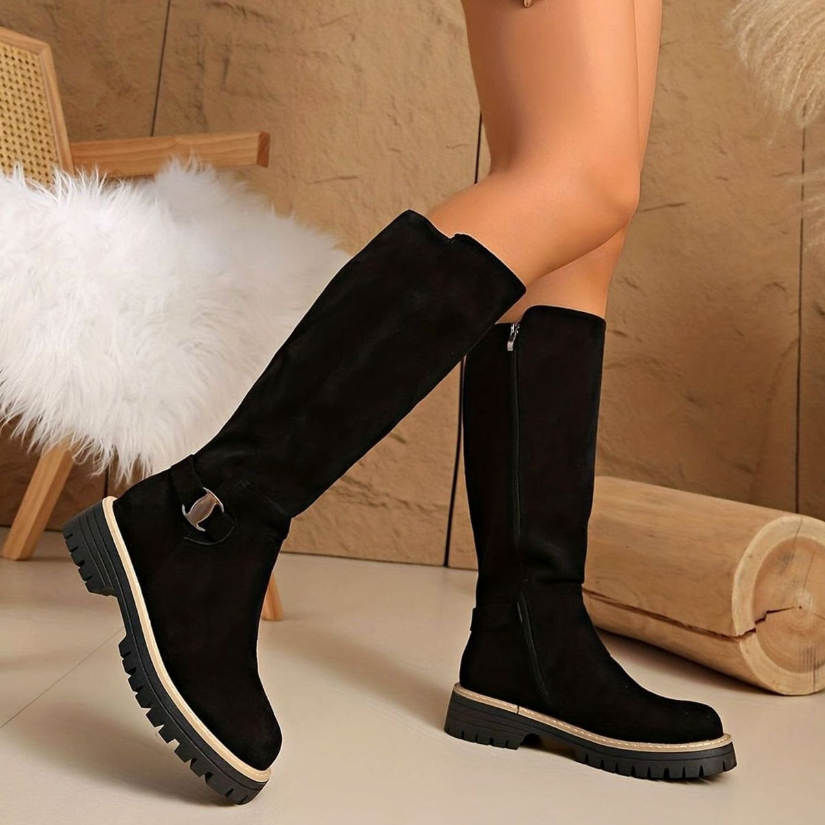 Olivia | Women's Faux-Suede Side-Zip Block-Heel Knee-High Boots - Black