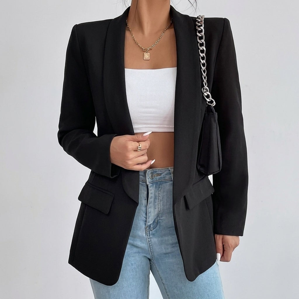 Olivia | Women's Lapel Open-Front Mid-Length Tailored Blazer - Black