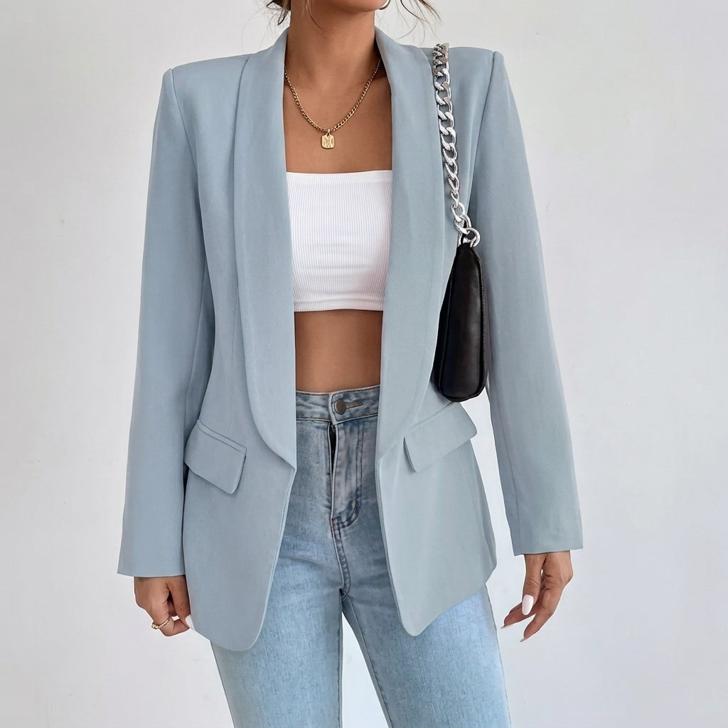 Olivia | Women's Lapel Open-Front Mid-Length Tailored Blazer - Blue